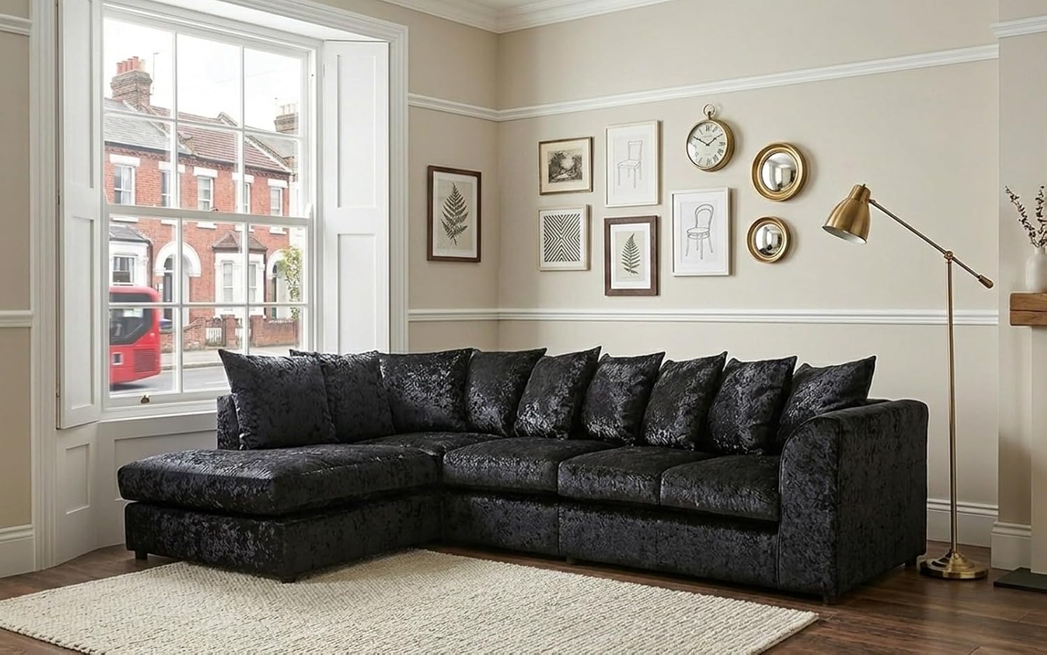 Dylan Crush Velvet L Shape 4, 5 Seater Corner Sofa (Black)