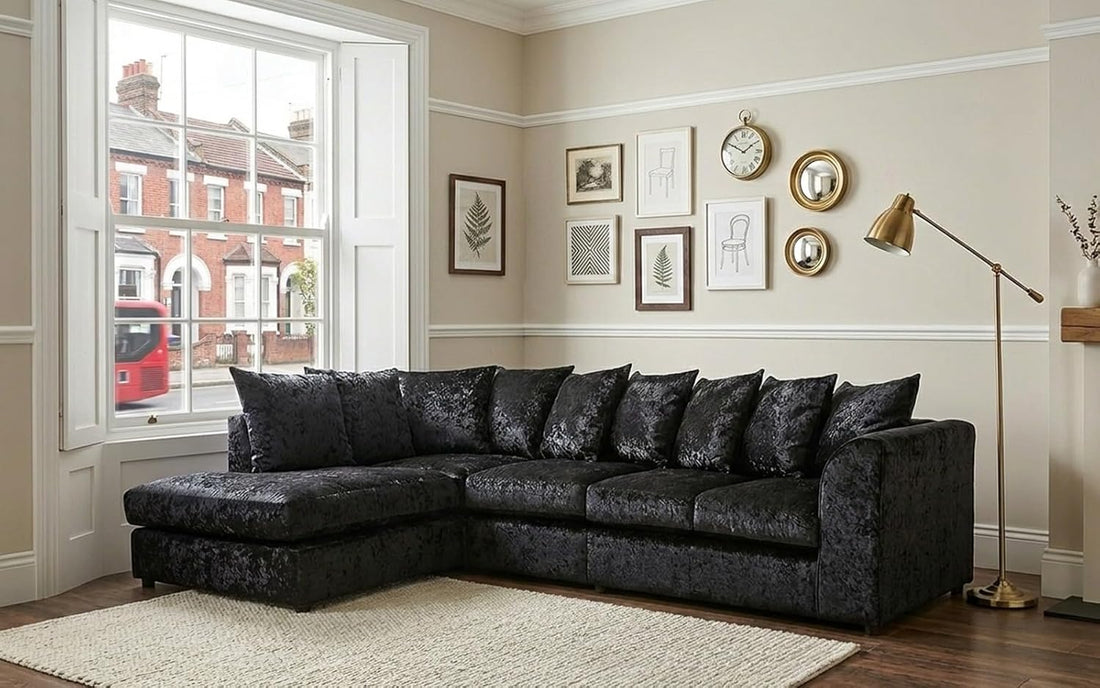 Dylan Crush Velvet L Shape 4, 5 Seater Corner Sofa (Black)