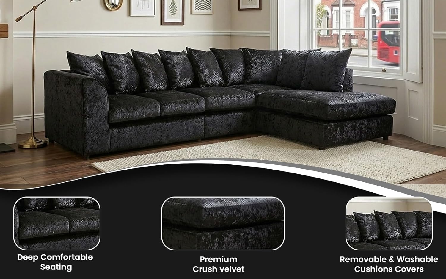 Dylan Crush Velvet L Shape 4, 5 Seater Corner Sofa (Black)