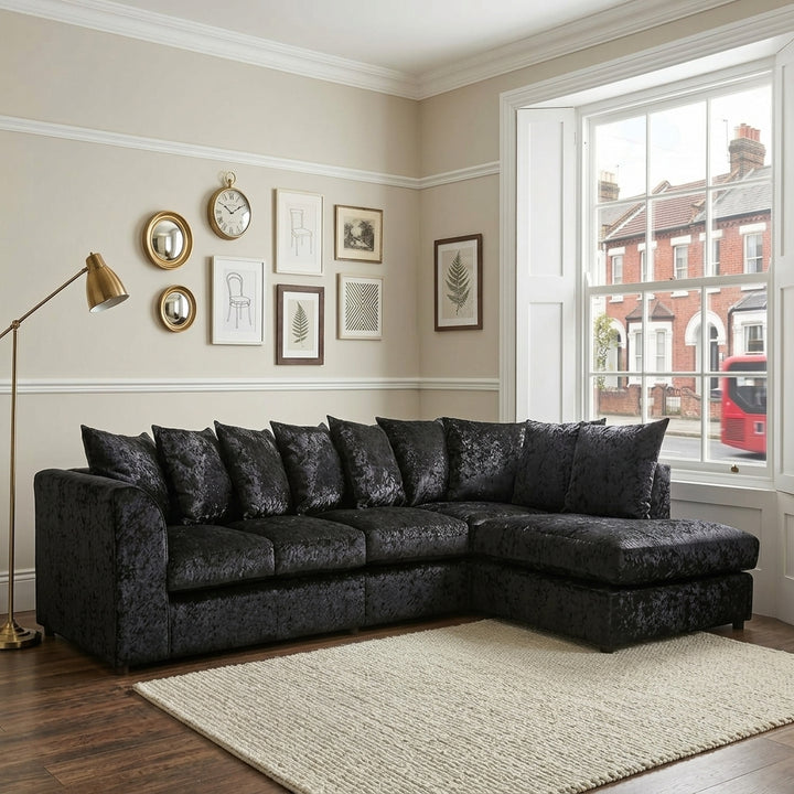 Dylan Crush Velvet L Shape 4, 5 Seater Corner Sofa (Black)