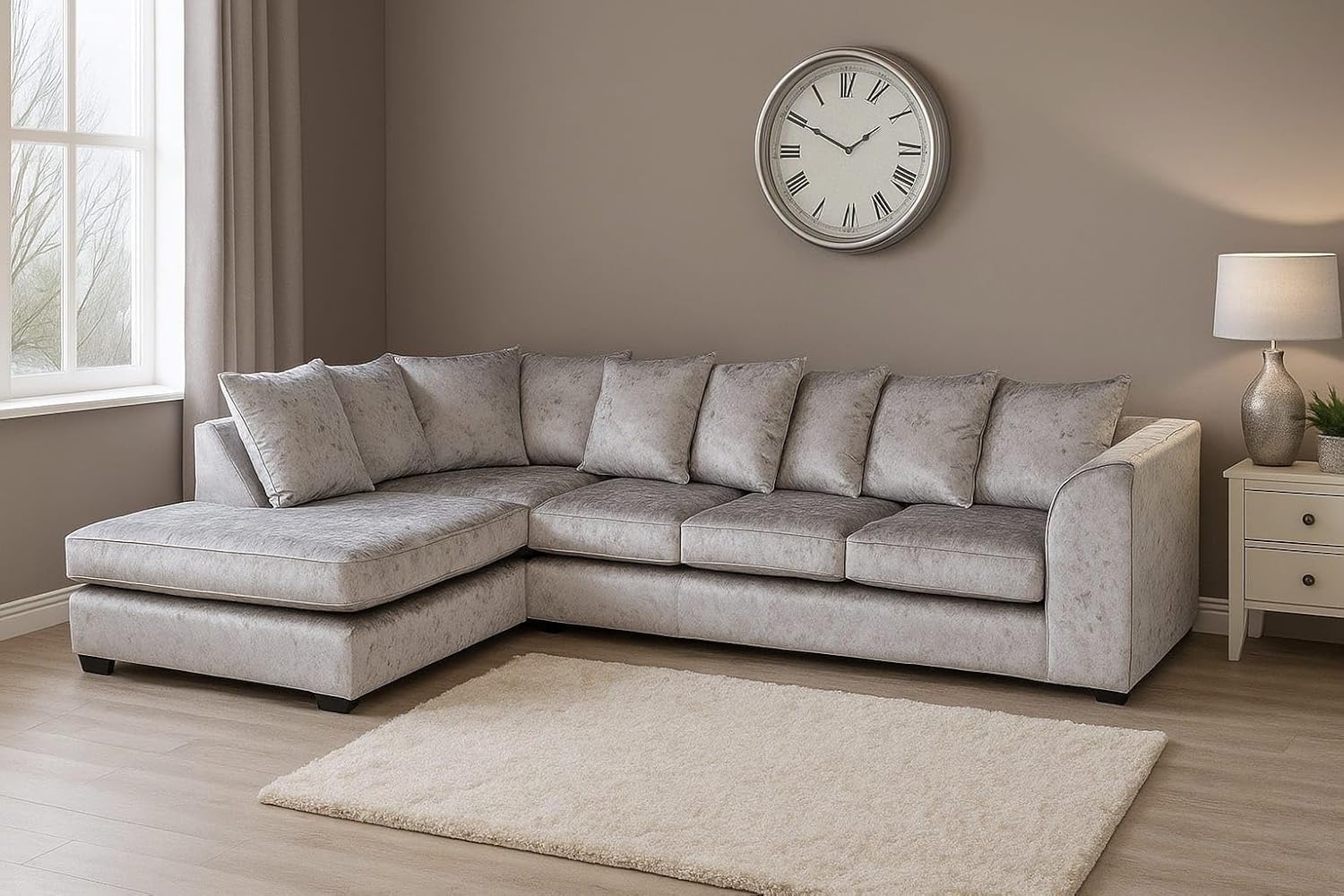 Dylan Crush Velvet L Shape 4, 5 Seater Corner Sofa (Silver)