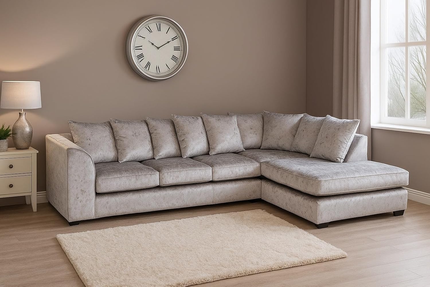 Dylan Crush Velvet L Shape 4, 5 Seater Corner Sofa (Silver)