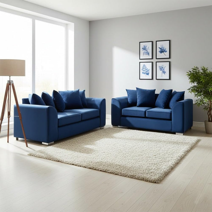 Dylan Plush Velvet 3+2 Sofa Set - High back, Scatter Back (Blue)