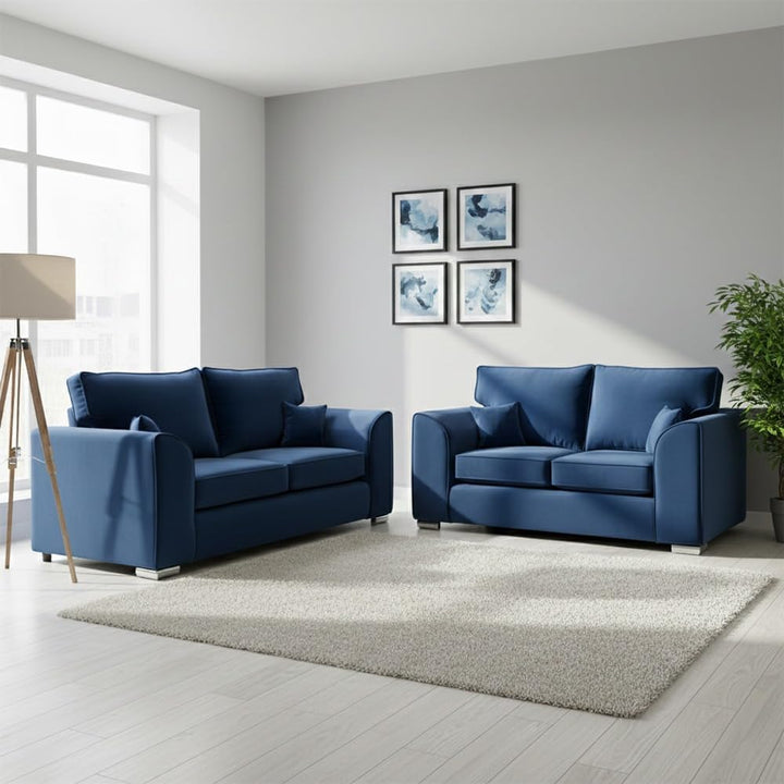 Dylan Plush Velvet 3+2 Sofa Set - High back, Scatter Back (Blue)