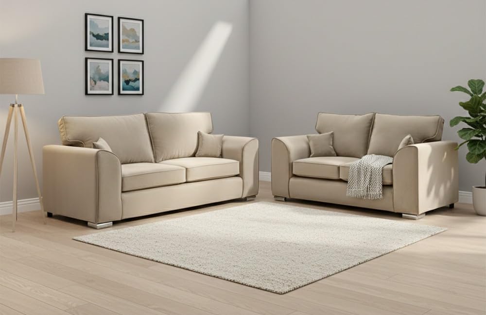 Dylan Plush Velvet 3+2 Sofa Set - High back, Scatter Back (Cream)