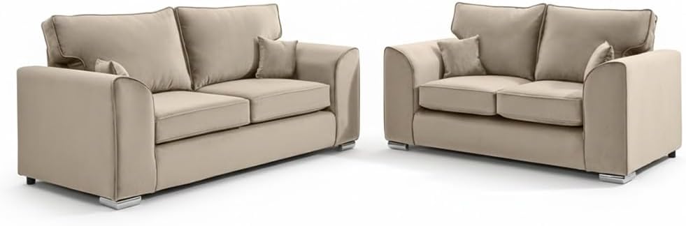 Dylan Plush Velvet 3+2 Sofa Set - High back, Scatter Back (Cream)