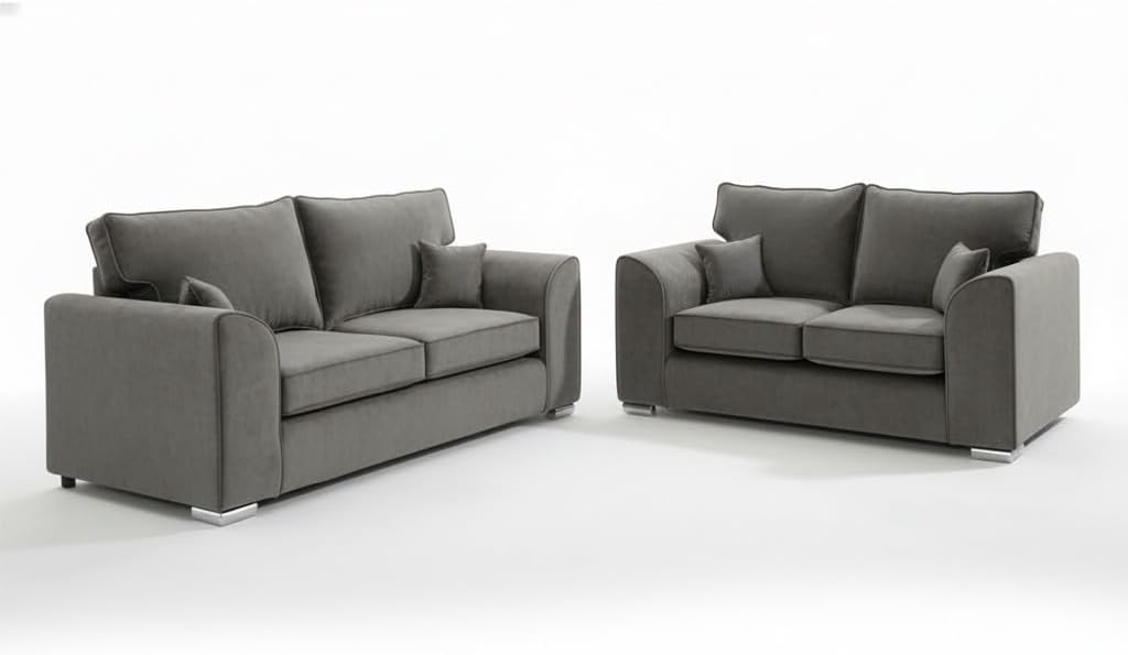 Dylan Plush Velvet 3+2 Sofa Set - High back, Scatter Back (Grey)
