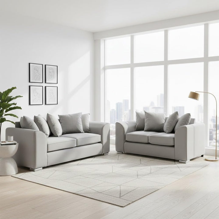 Dylan Plush Velvet 3+2 Sofa Set - High back, Scatter Back (Silver)