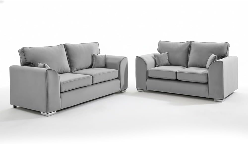 Dylan Plush Velvet 3+2 Sofa Set - High back, Scatter Back (Silver)