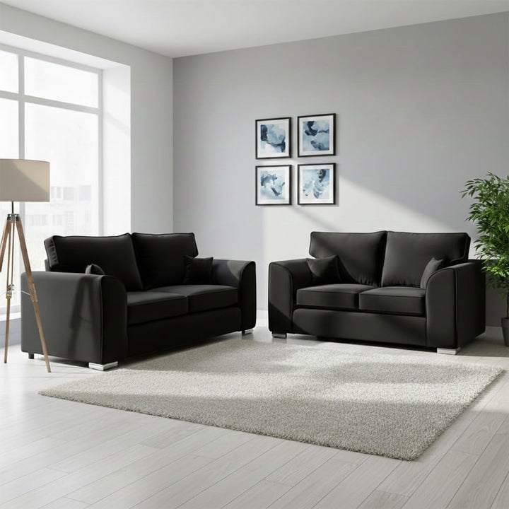 Dylan Plush Velvet 3+2 Sofa Set - High back, Scatter Back (Black)