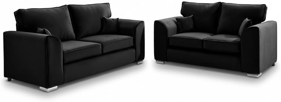 Dylan Plush Velvet 3+2 Sofa Set - High back, Scatter Back (Black)