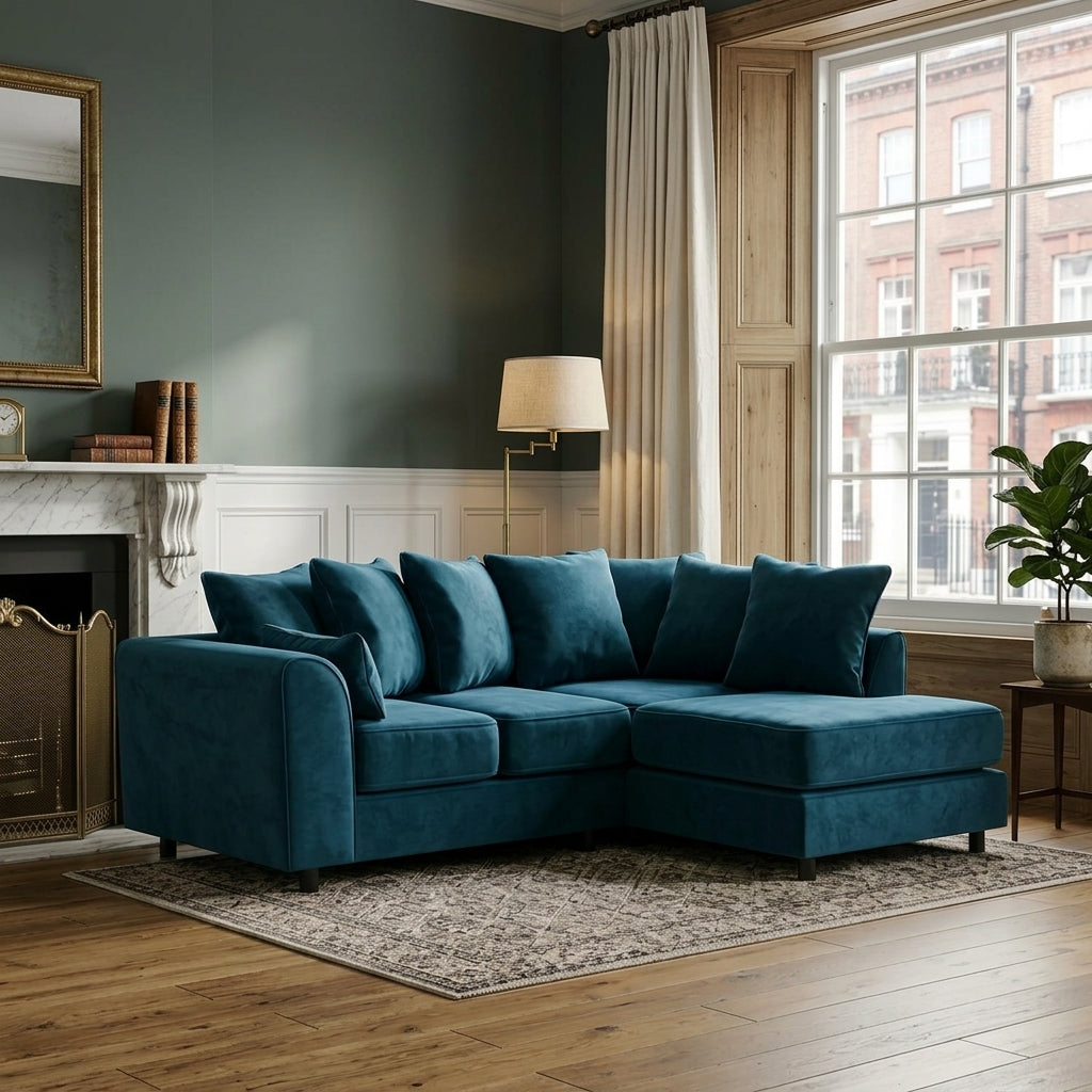 Dylan Plush Velvet L Shape 4 Seater Corner Sofa (Blue)