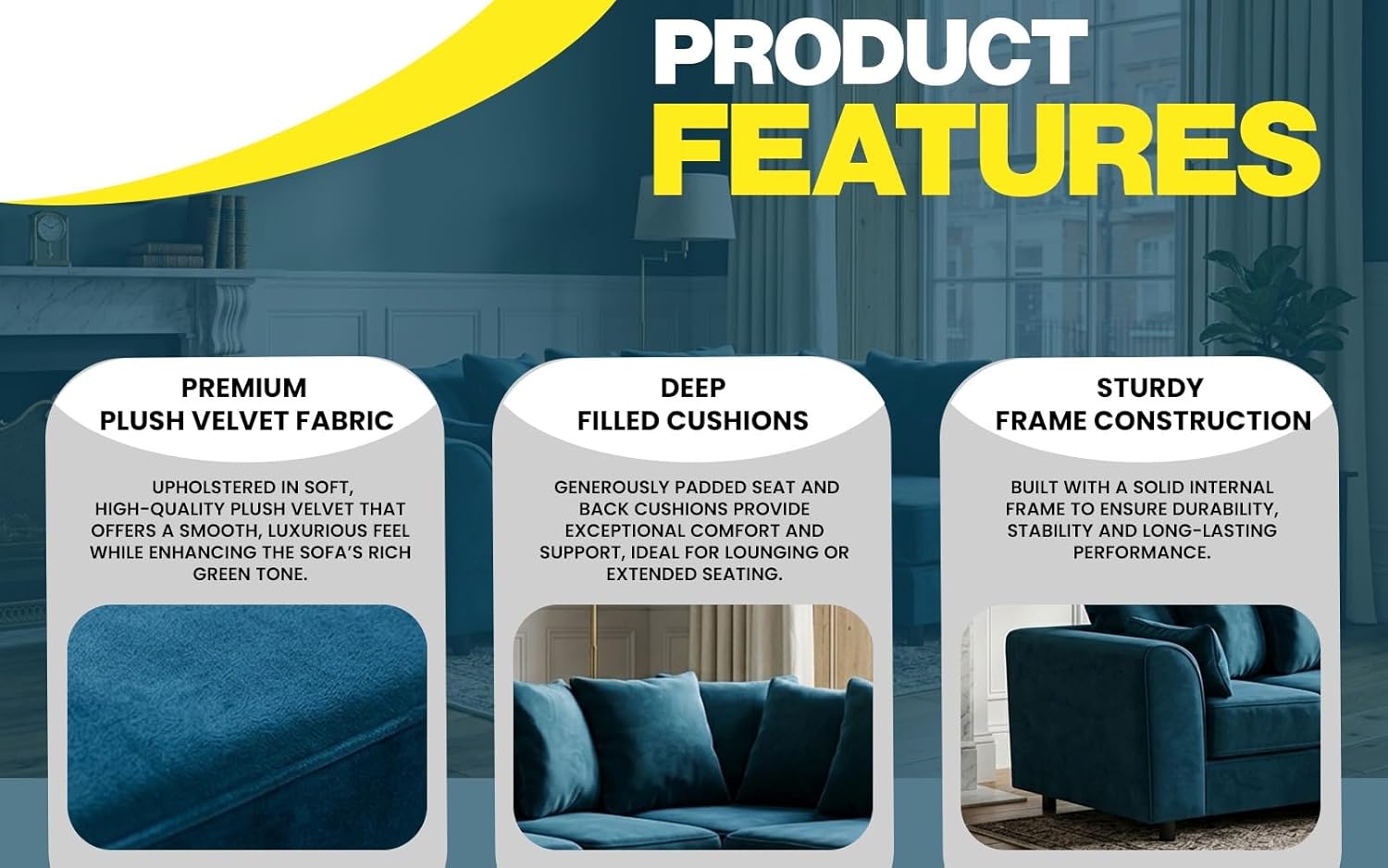 Dylan Plush Velvet L Shape 4 Seater Corner Sofa (Blue)