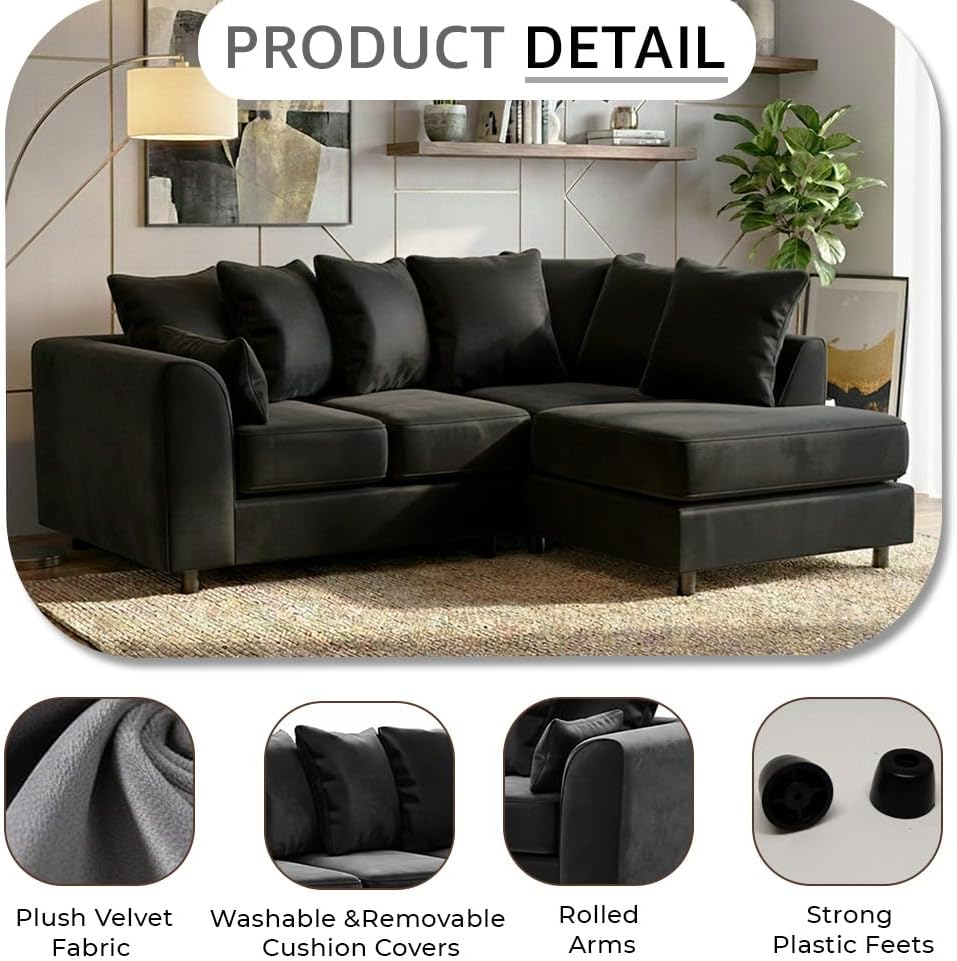 Dylan Plush Velvet L Shape 4 Seater Corner Sofa (Black)