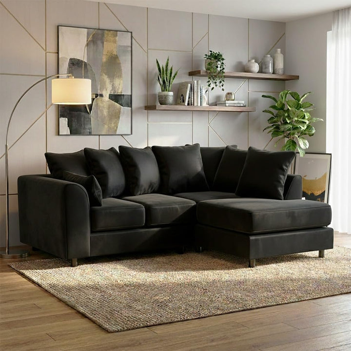 Dylan Plush Velvet L Shape 4 Seater Corner Sofa (Black)