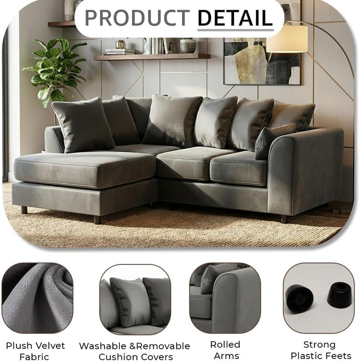Dylan Plush Velvet L Shape 4 Seater Corner Sofa (Grey)