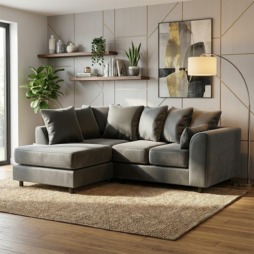 Dylan Plush Velvet L Shape 4 Seater Corner Sofa (Grey)