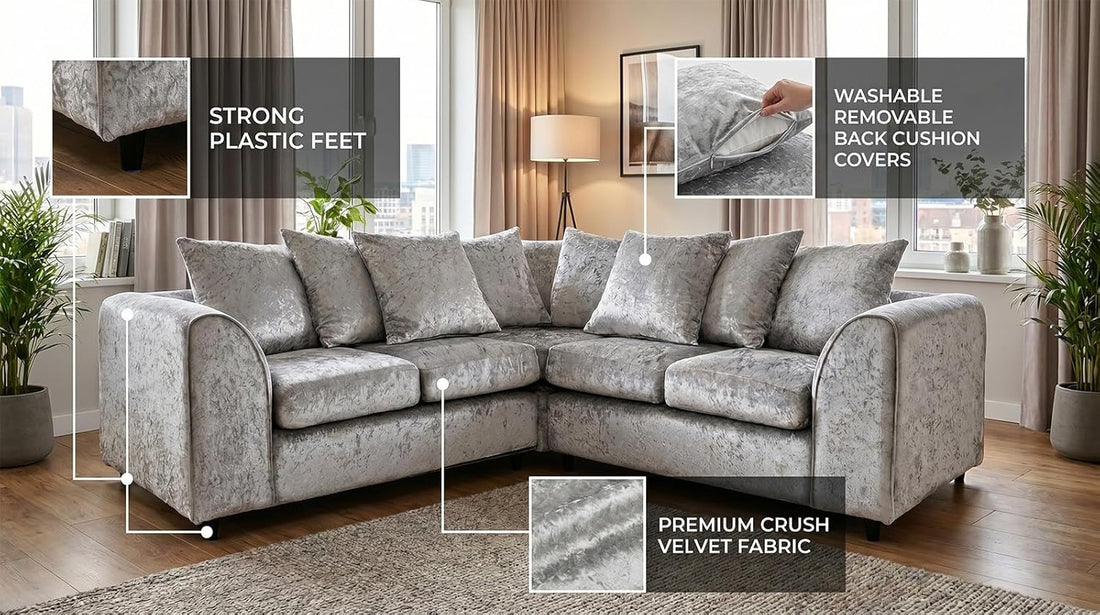 Dylan dual arm 5 seater 2c2 Crush Velvet Corner Sofa