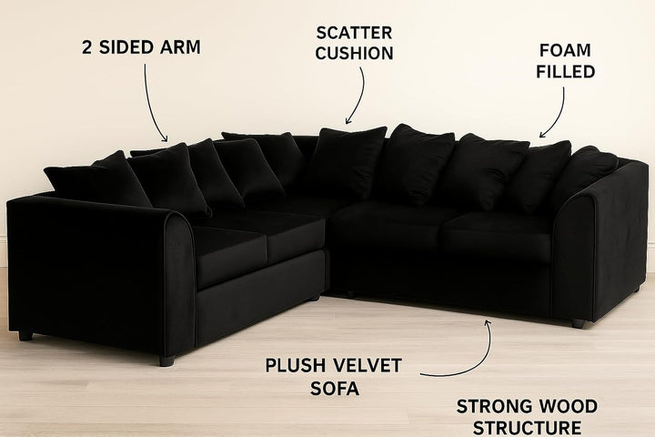 Dylan dual arm 5 seater 2c2 Plush Velvet Scatter Back Corner Sofa
