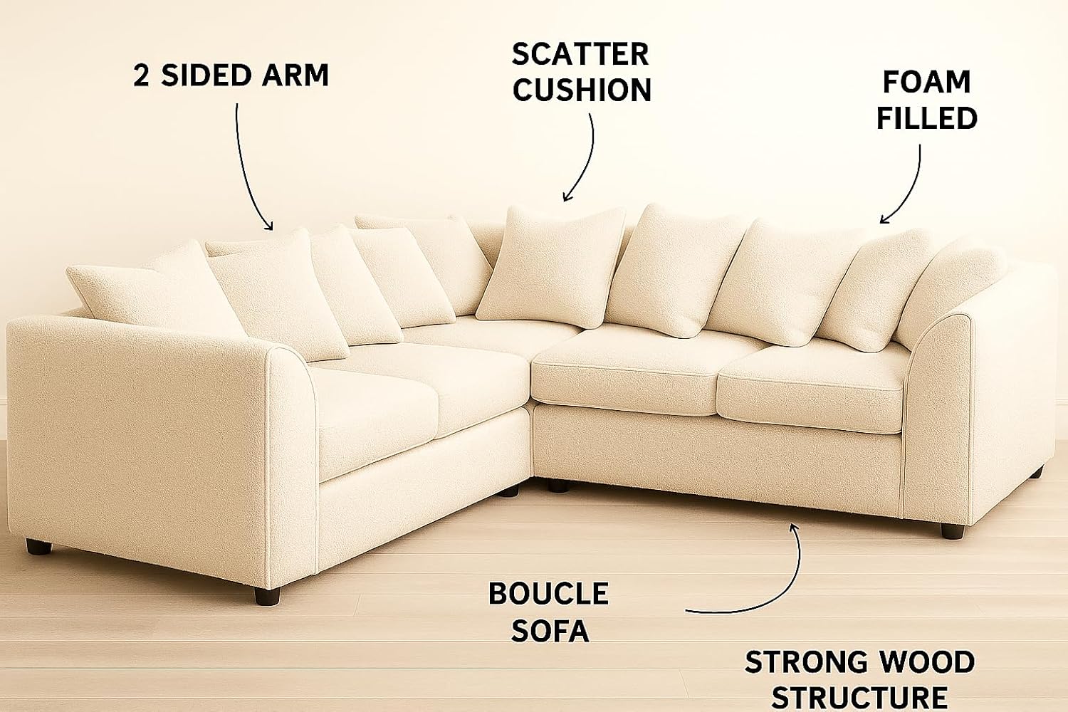 Dylan dual arm 5 seater 2c2 Teddy Boucle Corner Sofa (Cream)