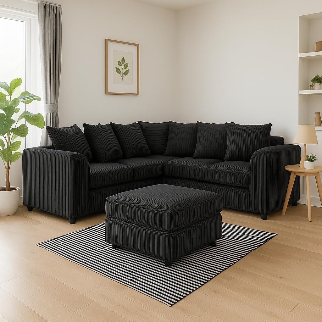 Dylan dual arm Jumbo Cord 5 seater 2c2 Corner Sofa (Black)