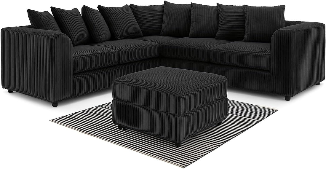 Dylan dual arm Jumbo Cord 5 seater 2c2 Corner Sofa (Black)