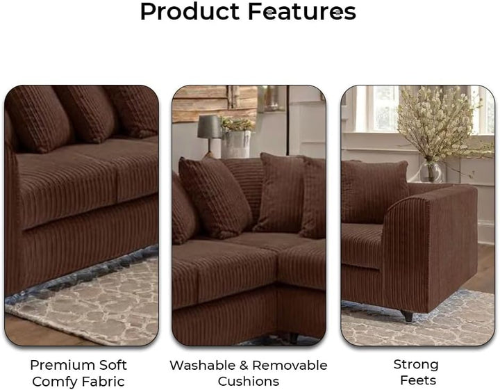 Dylan dual arm Jumbo Cord 5 seater 2c2 Corner Sofa (Chocolate Brown)