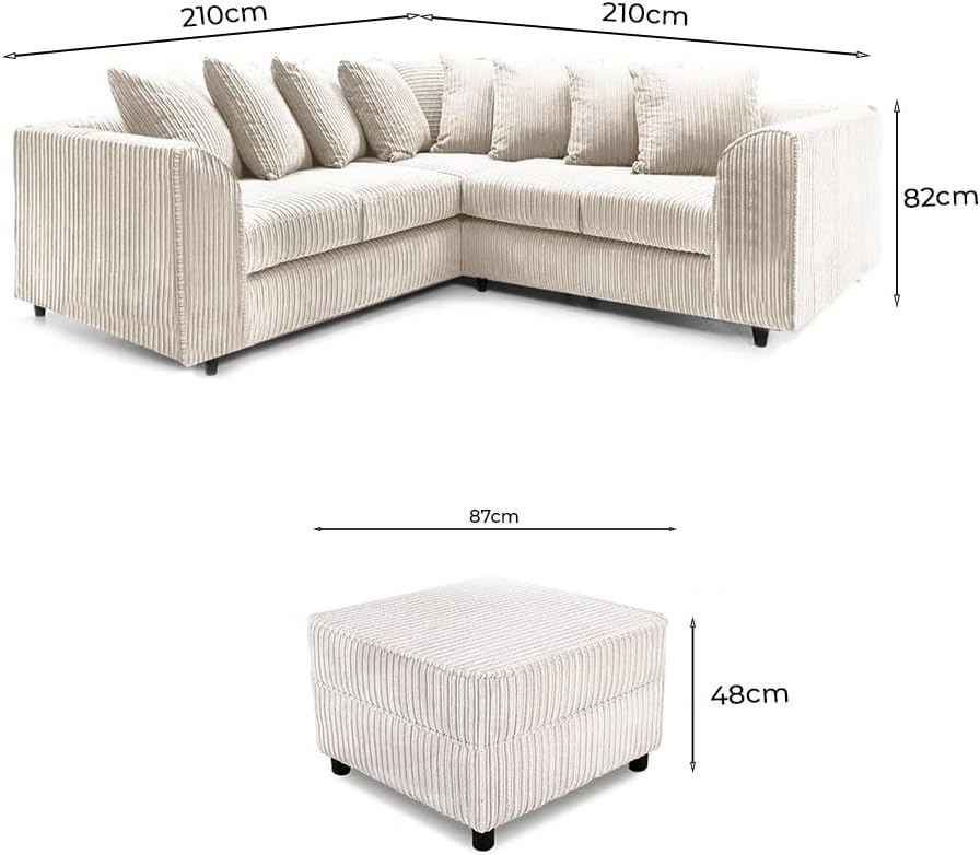 Dylan dual arm Jumbo Cord 5 seater 2c2 Corner Sofa (Cream)