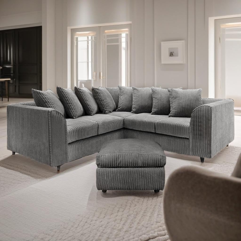 Dylan dual arm Jumbo Cord 5 seater 2c2 Corner Sofa (Grey)