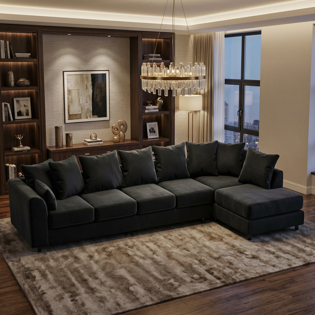 Grey Plush Velvet 6 Seater Corner Sofa | L Shaped Fabric Sofa Set | Modern Upholstered Living Room Couch | Soft Cushioned Settee | Left or Right Hand Facing UK