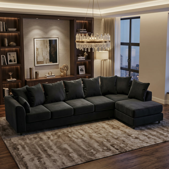 Grey Plush Velvet 6 Seater Corner Sofa | L Shaped Fabric Sofa Set | Modern Upholstered Living Room Couch | Soft Cushioned Settee | Left or Right Hand Facing UK