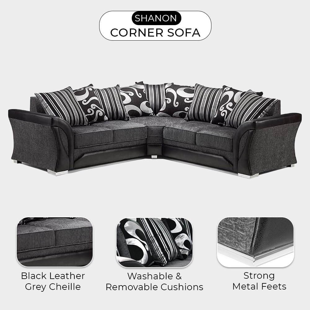 Shannon Dual Arm 5 Seater 2c2 Corner Sofa (Black & Grey)