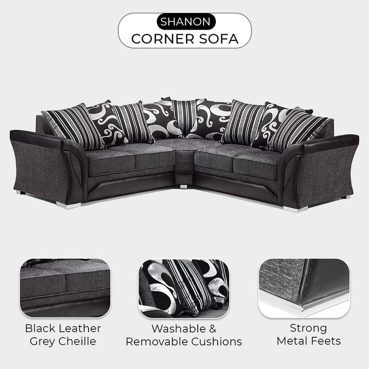 Shannon Dual Arm 5 Seater 2c2 Corner Sofa (Black & Grey)