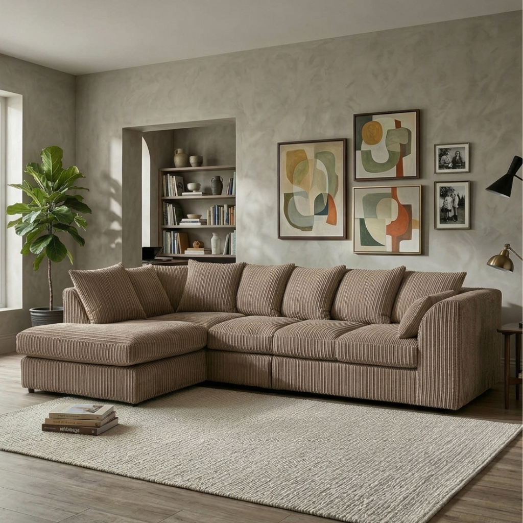 Dylan Jumbo Cord L Shape 5, 6 Seater Left and Right Corner Sofa (mink)