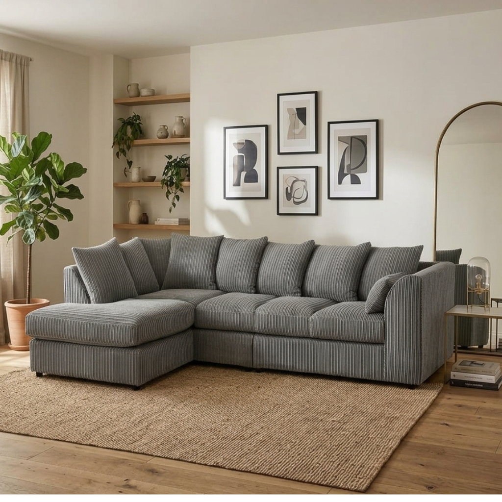 Dylan Jumbo Cord L Shape 5, 6 Seater Left and Right Corner Sofa (Grey)