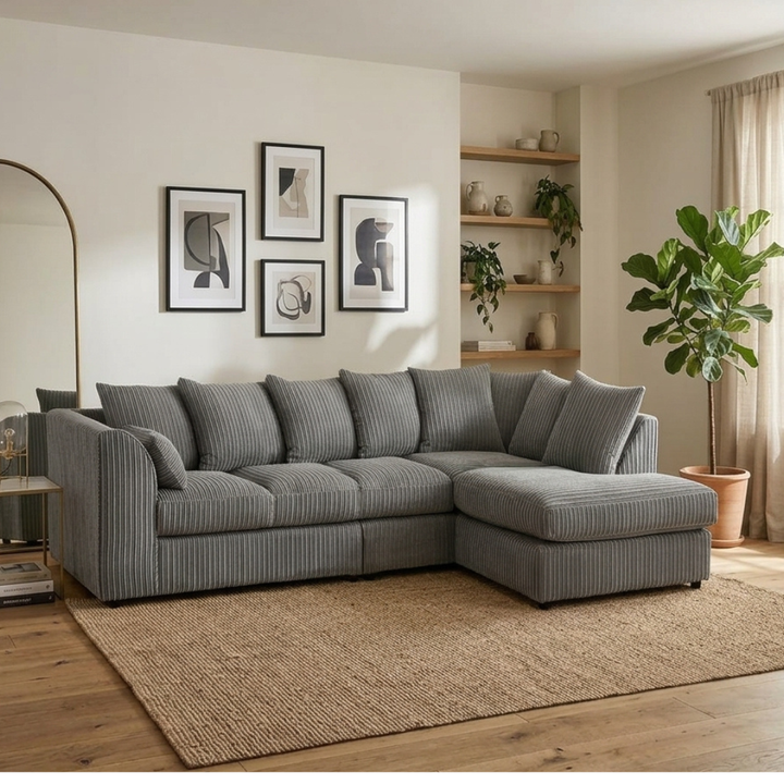 Dylan Jumbo Cord L Shape 5, 6 Seater Left and Right Corner Sofa (Grey)