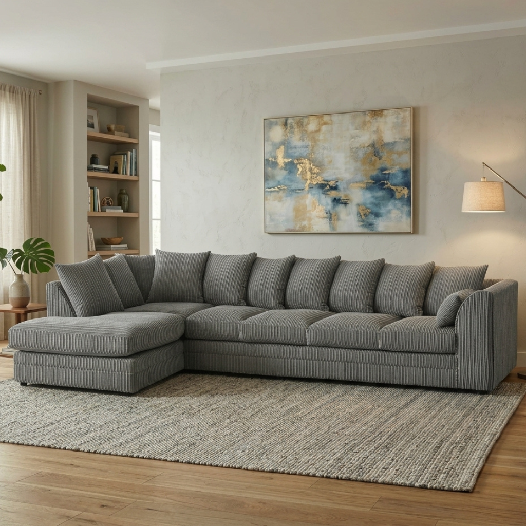 Dylan Jumbo Cord L Shape 5, 6 Seater Left and Right Corner Sofa (Grey)