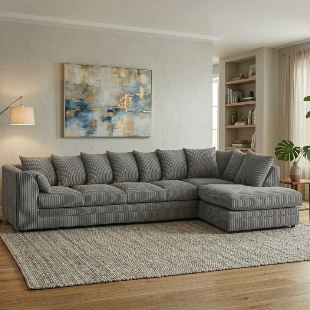 Dylan Jumbo Cord L Shape 5, 6 Seater Left and Right Corner Sofa (Grey)