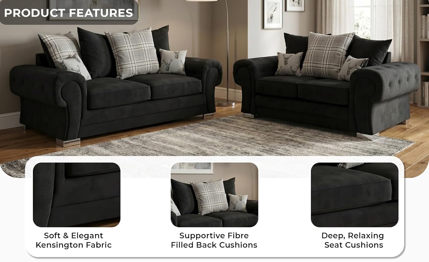 Verona Kensington 3+2+1 Seater / Corner Sofa (Black)