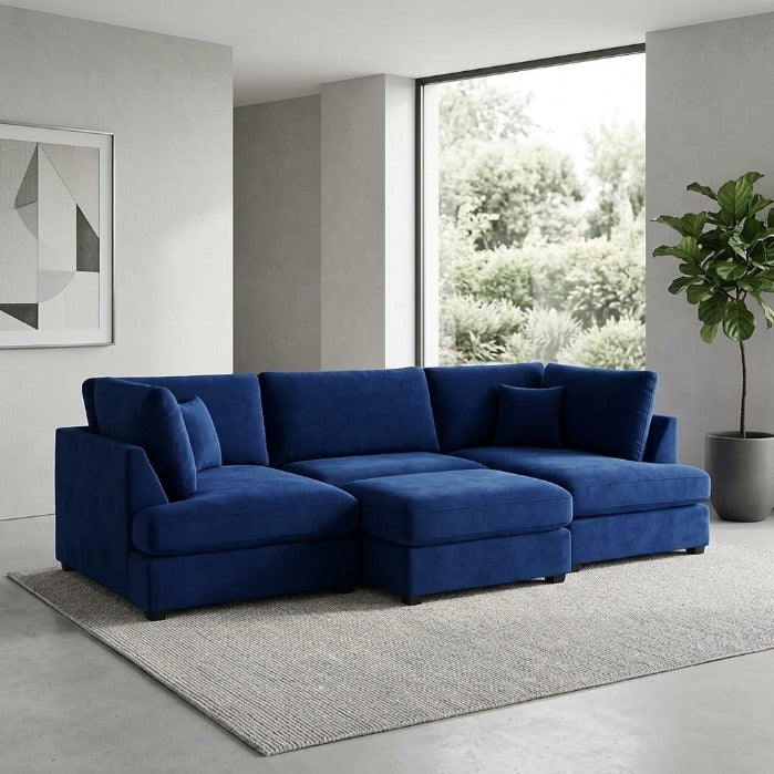 Cinema 4pc U shape 5 Seater Plush Velvet High Back Sofa (Blue, Steel Grey)