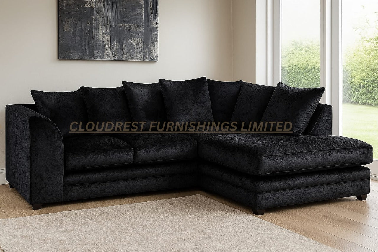 Dylan Crushed Velvet Brand New Silver + Black Corner Sofa | Stylish Living Room Furniture