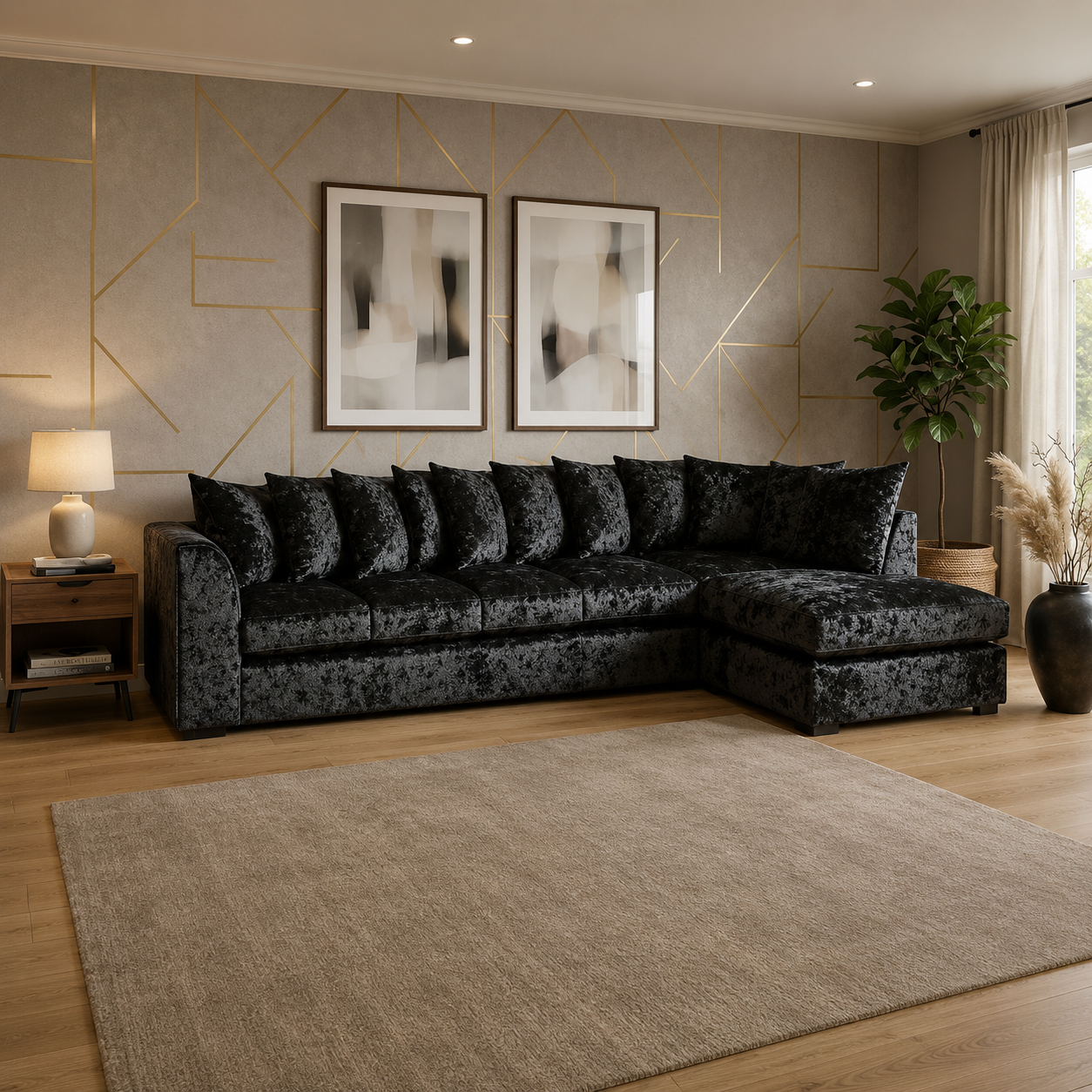 Large L Shape Crushed Velvet Sofa – 6 Seater Comfort