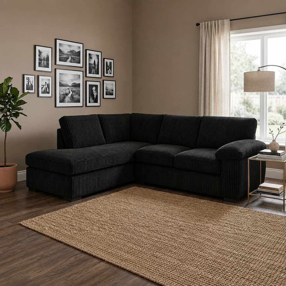 Comfy Jumbo Cord Corner Sofa with High Back Cushions and Deep Seats