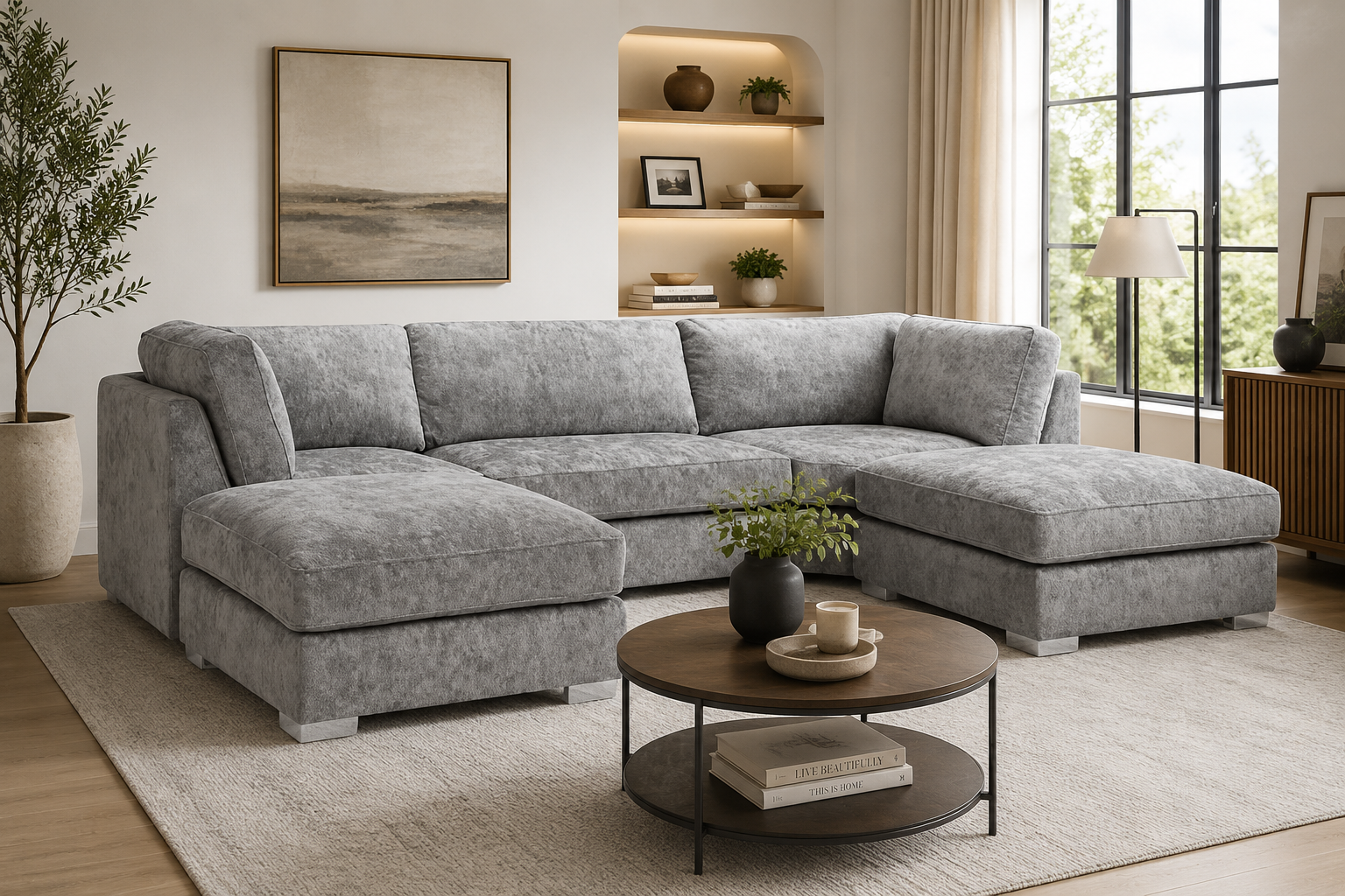 U Shaped Alaska 6 Seater Sectional Sofa (Cream)