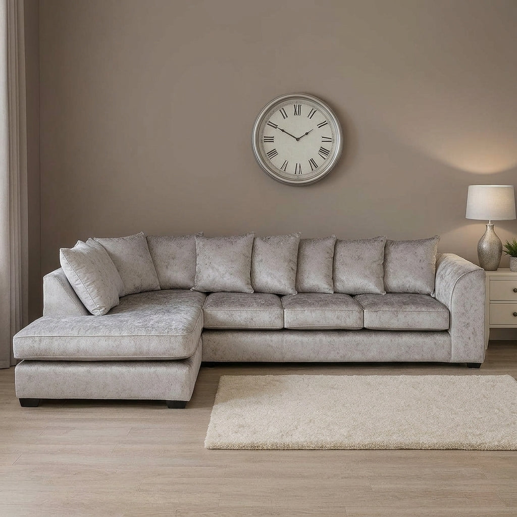 Dylan Crush Velvet L Shape 4, 5 Seater Corner Sofa (Silver)
