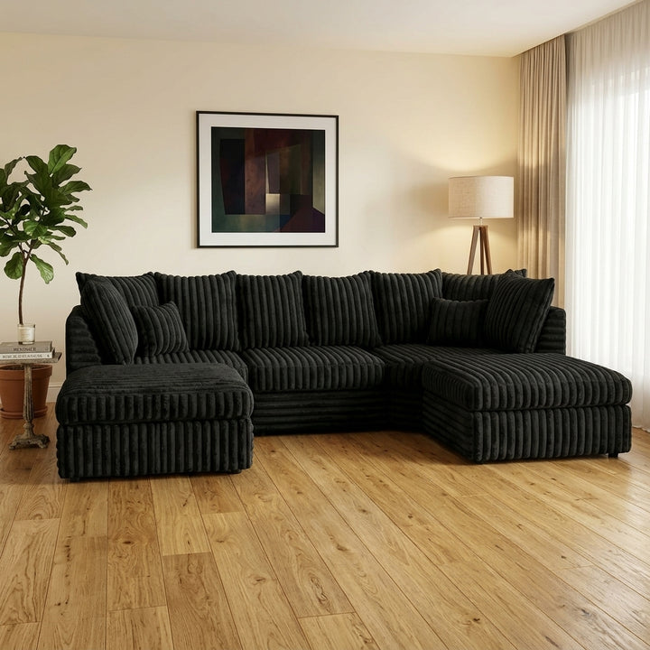 U Shaped Jumbo Cord 6 Seater Corner Sofa (Cream, Grey, Black)