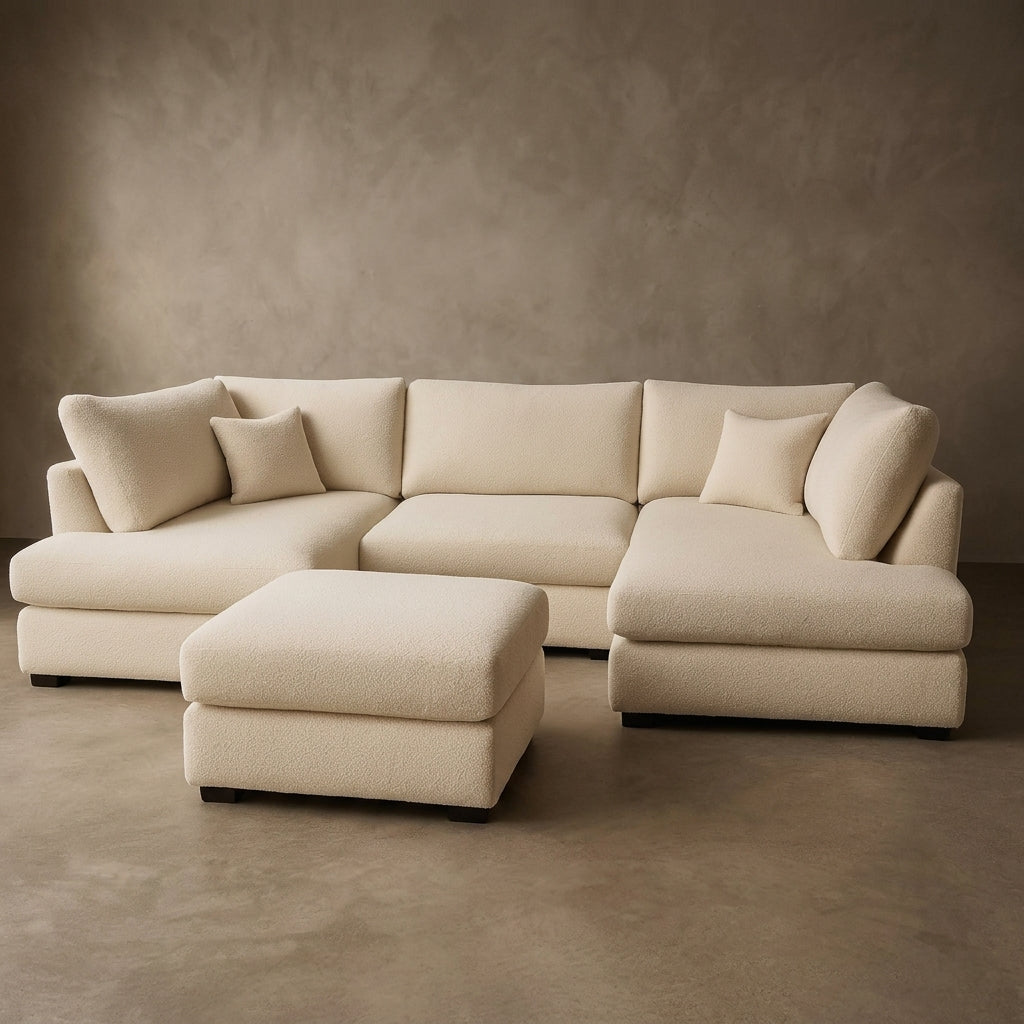 U Shape Boucle 6 Seater High Back Sofa (Cream)
