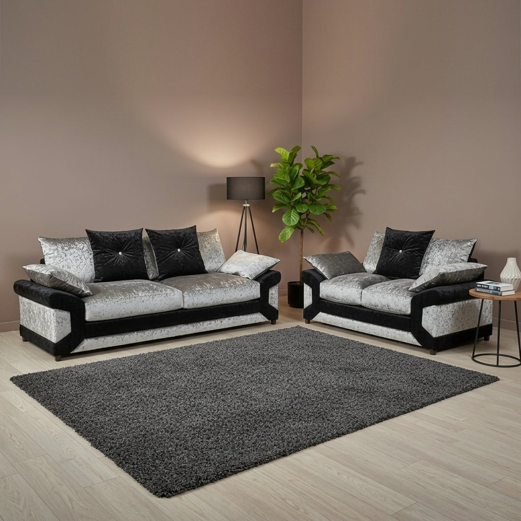 Dino 3+2 Crushed Velvet Silver and Black Scatter Back Sofa Set