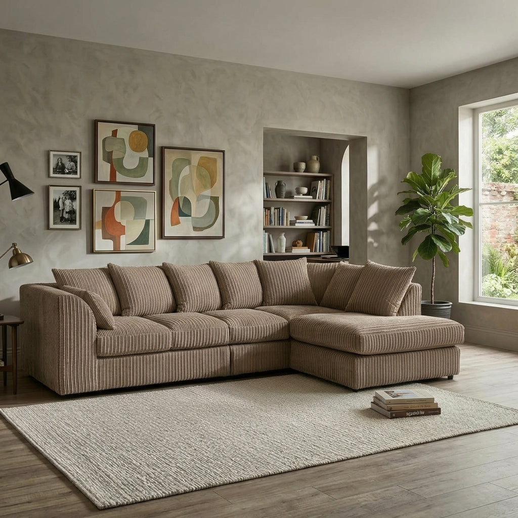 Dylan Jumbo Cord L Shape 5, 6 Seater Left and Right Corner Sofa (mink)